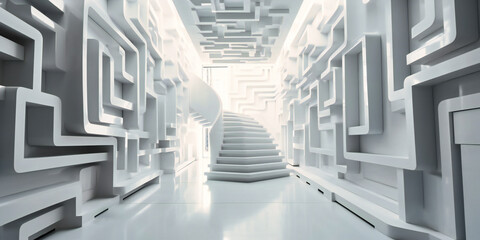 white hallway with stairs to go down
