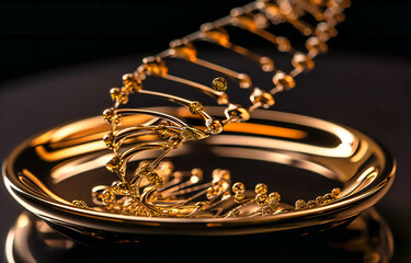 dna with drops of liquid over a golden plate