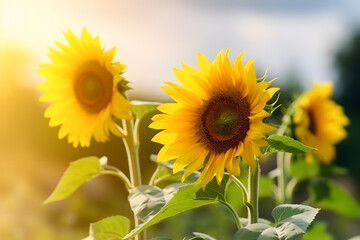 Sunset over sunflower field, Generative AI