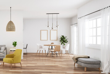 Modern style white living and dining room 3d render The room has a parquet floor decorated with light gray fabric furniture and translucent white curtains, natural light comes through the room.