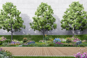 Fototapeta na wymiar Modern contemporary style empty wooden terrace in the colorful flower garden 3d render with concrete wall background