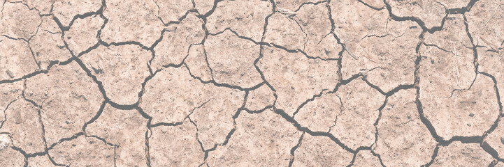 Texture of cracked dried soil. Dry ground with cracks. Brown rough surface of the soil during summer drought. Wide panoramic background for design. Ecology, climate change and global warming on Earth.