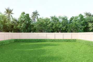 Obraz premium Empty green lawn with wooden fence surrounded by nature background 3d render illustration