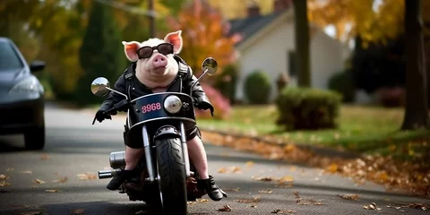 Gordijnen Pig riding on a bike, wearing a leather jacket, generative ai © RAB81T