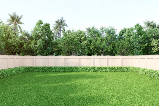 Empty green lawn with wooden fence surrounded by nature background 3d render illustration