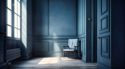 an empty room with a chair and a blue wall