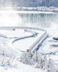 Prospect Point viewing platform deck covered in ice during a winter storm at Niagara Falls 