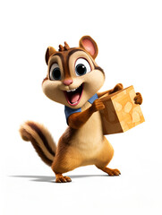 Happy Chipmunk carrying present box, cartoon character, over white background. AI generative