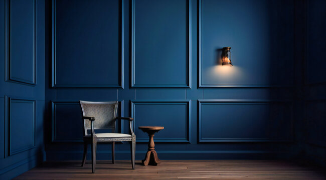 an empty room with a chair and a blue wall