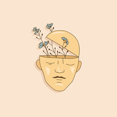 Mental health. Poster design with human head and flowers on white background.