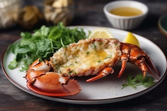 Lobster thermidor dish on a plate, restaurant serving. Generative AI.