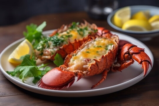 Lobster thermidor dish on a plate, restaurant serving. Generative AI.