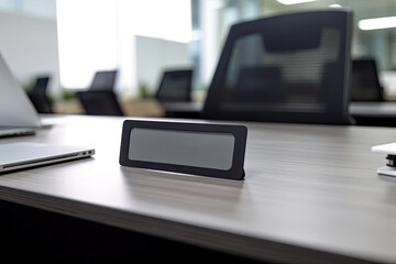 Close up of grey empty name plate in openspace office on desk. Free space for writing the name of the department, position, name of the head or employee. Generative AI
