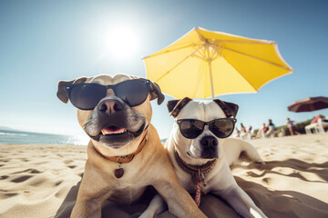 Fototapeta na wymiar A couple of pit bull dogs in sunglasses under an umbrella lie on the beach near the ocean. Vacation and tourist season concept. Generative AI