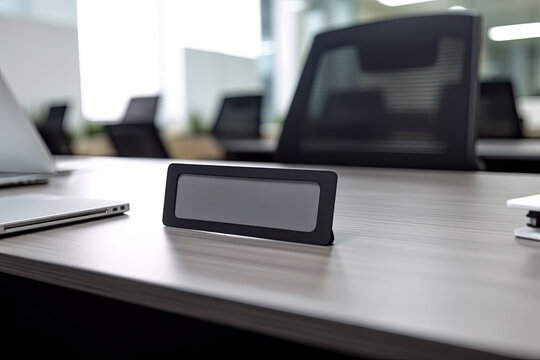 Close up of grey empty name plate in openspace office on desk. Free space for writing the name of the department, position, name of the head or employee. Generative AI