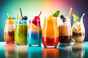 Variety of fruit cocktails, popular bubble tea, chocolate fruit flavor. Trendy Asian summer drinks - obrazy, fototapety, plakaty