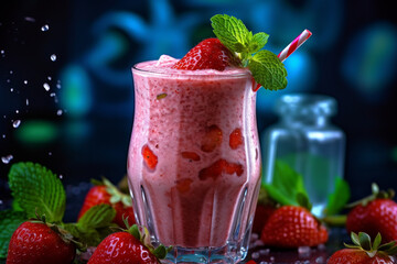Strawberry smoothie or milkshake with berries and oatmeal in glass jar on gray or white concrete background. Vegetarian healthy drink. Close up. Selective focus. High quality photo Generative AI