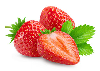 Strawberries isolated. Two ripe strawberries, half a strawberry with green leaves on a white background. - obrazy, fototapety, plakaty