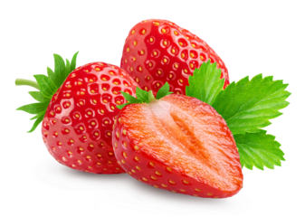 Strawberries isolated. Two ripe strawberries, half a strawberry with green leaves on a white background.