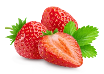 Fotobehang Macrofotografie Strawberries isolated. Two ripe strawberries, half a strawberry with green leaves on a white background.