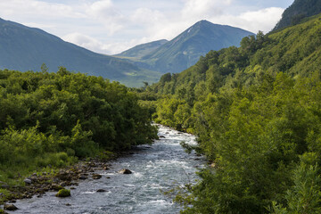 Summer mountain landscape. View of the river and mountains. Travel, tourism and hiking on the Kamchatka Peninsula. Nature of Siberia and the Russian Far East. Paratunka River, Kamchatka Krai, Russia.