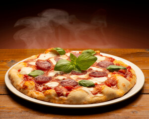 pizza with salami and tomatoes and mozzarella on the wooden table - 604399511