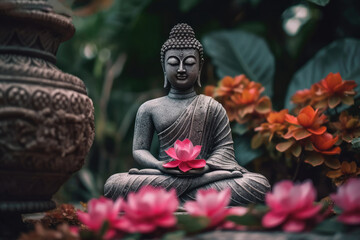 Harmony of Nature and Spirit: Buddha Statue with Beautiful Blooms