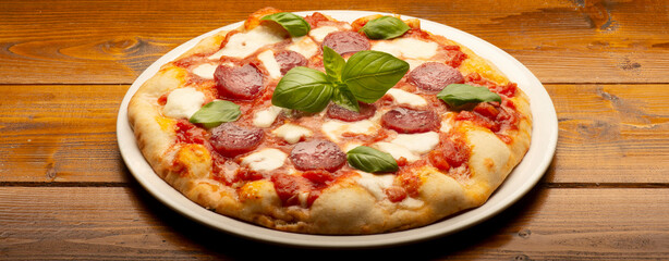 pizza with salami and tomatoes and mozzarella on the wooden table - 604399538