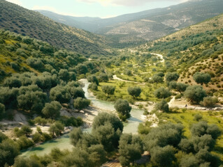 Obraz premium Mountain valley with olive trees and river, ai generated artwork
