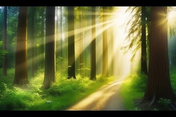 Basking in Nature's Glory: A Serene Forest Walk on a Sunny Day with Sunrays Peeking Through the Trees (120 characters), Generative AI.