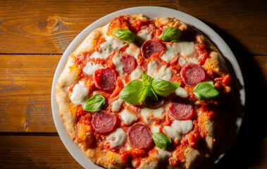 pizza with salami and tomatoes and mozzarella on the wooden table - 604399585