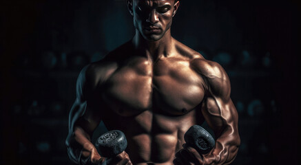 Fototapeta na wymiar Muscular man holding dumbbells, ai generated artwork