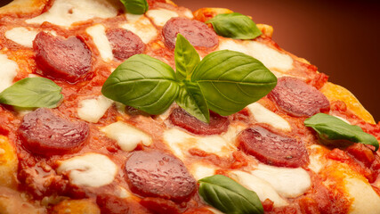 pizza with salami and tomatoes and mozzarella - 604399722