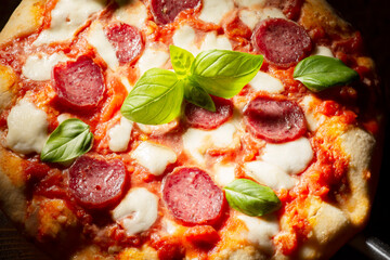 pizza with salami and tomatoes and mozzarella - 604399766