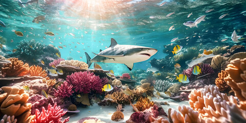 underwater worlds - shark swims underwater through the ocean