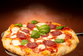 pizza with salami and tomatoes and mozzarella - 604399908