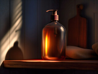 brown bottle of hand soap on wooden shelf