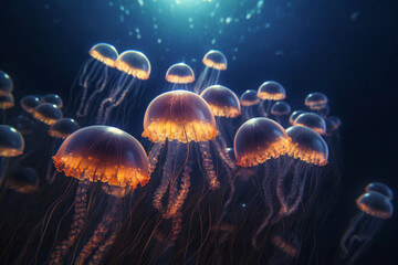 Common jellyfish in aquarium lit by blue light. High quality photo Generative AI
