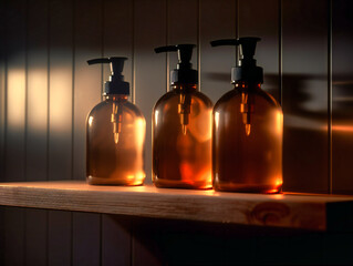 brown bottle of hand soap on wooden shelf