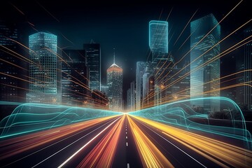 Fototapeta na wymiar Revolutionizing Urban Living: The Smart Digital City with High-Speed Data Transfer and Light Trail of Cars, Generative AI.