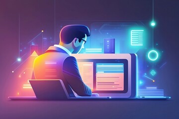 annotation of Businessman utilizing computer for file sharing and technological uses