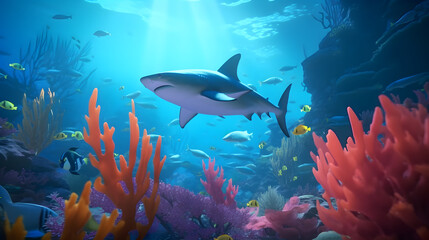 Fototapeta na wymiar Shark swimming in ocean over sunshine. AI generated