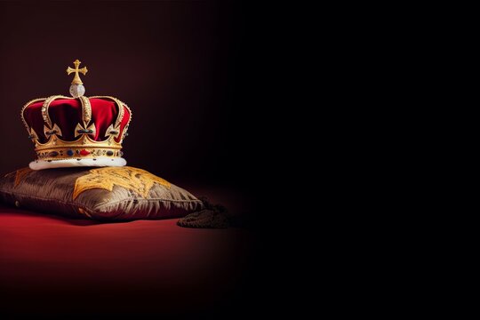 Regal Splendor: A Glimpse into the Magnificence of UK Monarchy's Royal Golden Crown and Jewels on a Red Background, Generative AI.