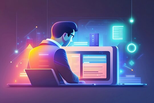 annotation of Businessman utilizing computer for file sharing and technological uses