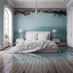 camera da letto shabby, design di interni, acqua sul pavimento