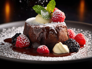  Chocolate Indulgence Delight. Indulge in a decadent dessert of chocolate cake layered with rich chocolate, red fruits and mint, a heavenly treat for your taste buds AI Generative