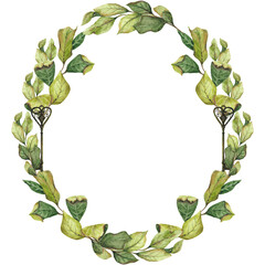 Watercolor Floral Wreath Isolated on White, Antique Key and Dried Leaves Floral Frame, Green Wedding Frame, Aronia Leaves, Vintage