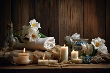 Fototapeta na wymiar beauty treatment items for spa procedures on wooden table. massage stones, essential oils and sea salt. copy space Generative Ai.