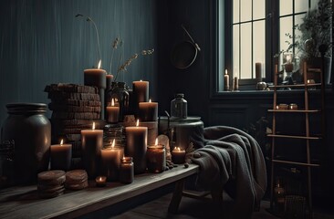 beauty treatment items for spa procedures on wooden table. massage stones, essential oils and sea salt. copy space Generative Ai.