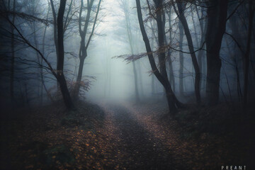 a dark foggy forest is in focus
